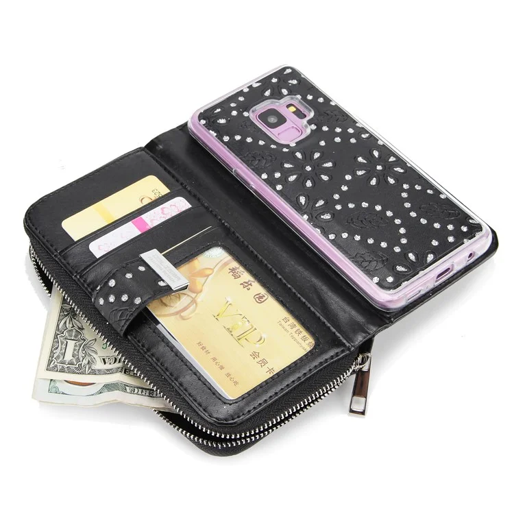 Glittery Flower Leaf Leather Wallet + Detachable TPU Back Case for Samsung Galaxy S9 G960 - Black