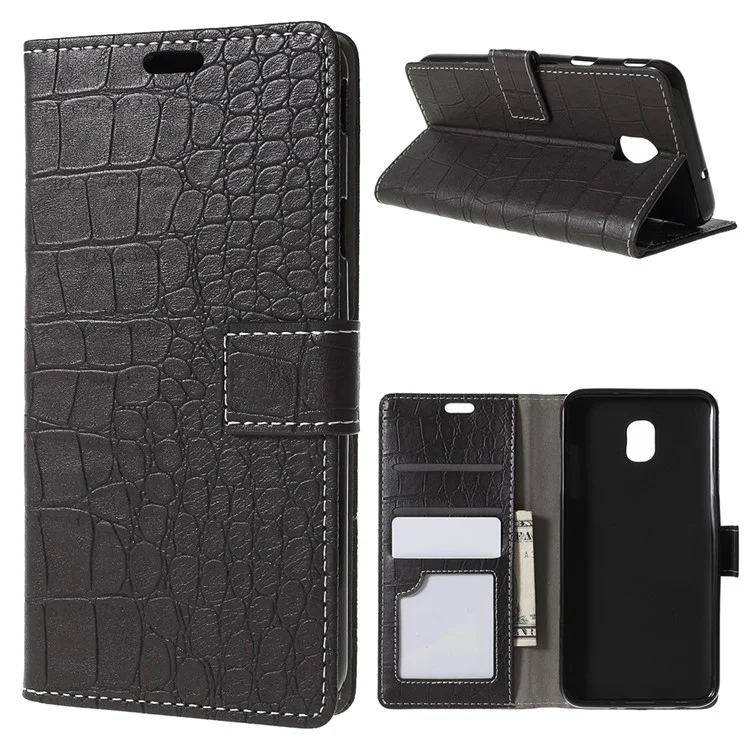 For Samsung Galaxy J3 (2018) J337 / J3 Star Crocodile Texture Vintage Leather Wallet Stand Case - Black