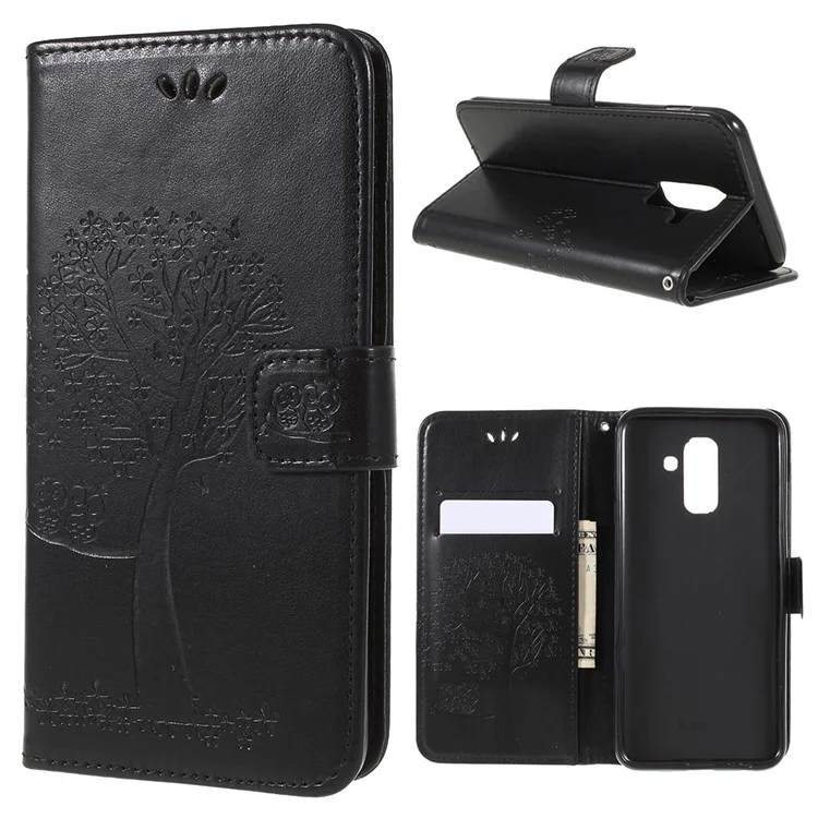For Samsung Galaxy A6 (2018) Imprint Tree Owl Wallet Stand PU Leather Phone Shell - Black