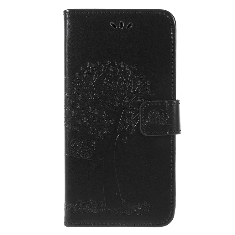 For Samsung Galaxy A6 (2018) Imprint Tree Owl Wallet Stand PU Leather Phone Shell - Black