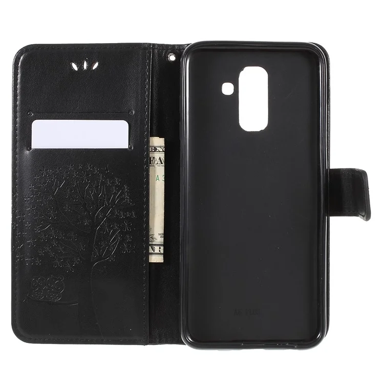 For Samsung Galaxy A6 (2018) Imprint Tree Owl Wallet Stand PU Leather Phone Shell - Black