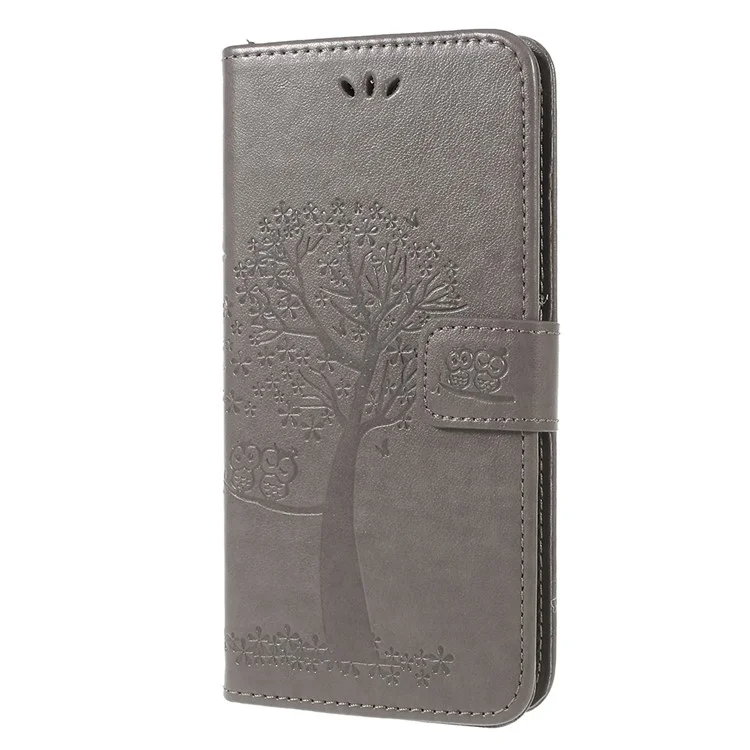 For Samsung Galaxy A6 (2018) Imprint Tree Owl Wallet Stand PU Leather Phone Case - Grey