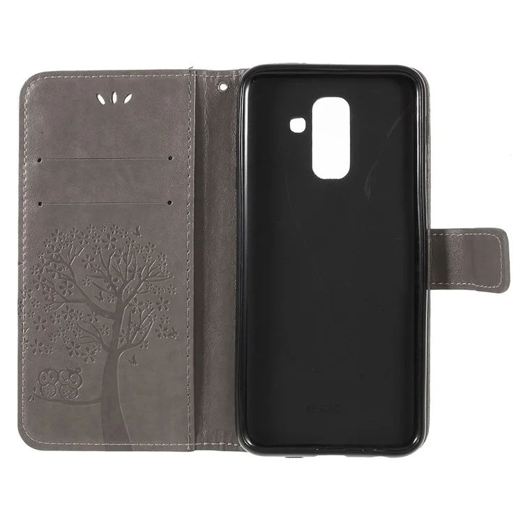 Para Samsung Galaxy A6 (2018) Pie De Imprenta Tree Owl Wallet Stand PU Custate Funda Teléfono - Gris