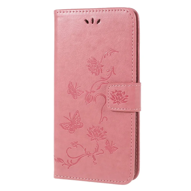 Imprint Butterfly Flowers Magnetic Wallet Leather Stand Case Shell for Samsung Galaxy A6 (2018) - Pink