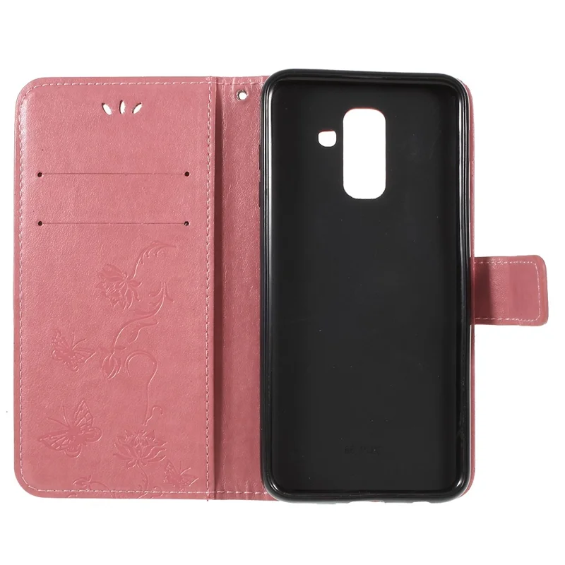 Imprint Butterfly Flowers Magnetic Wallet Leather Stand Case Shell for Samsung Galaxy A6 (2018) - Pink