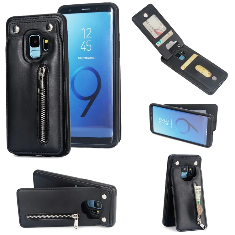 Multi-functional Zipper Wallet Kickstand Leather Coated TPU Back Case for Samsung Galaxy S9+ SM-G965 - Black
