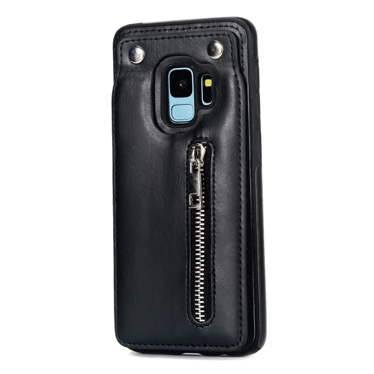 Multi-functional Zipper Wallet Kickstand Leather Coated TPU Back Case for Samsung Galaxy S9+ SM-G965 - Black