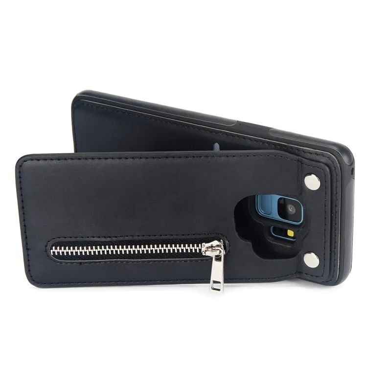 Multi-functional Zipper Wallet Kickstand Leather Coated TPU Back Case for Samsung Galaxy S9+ SM-G965 - Black