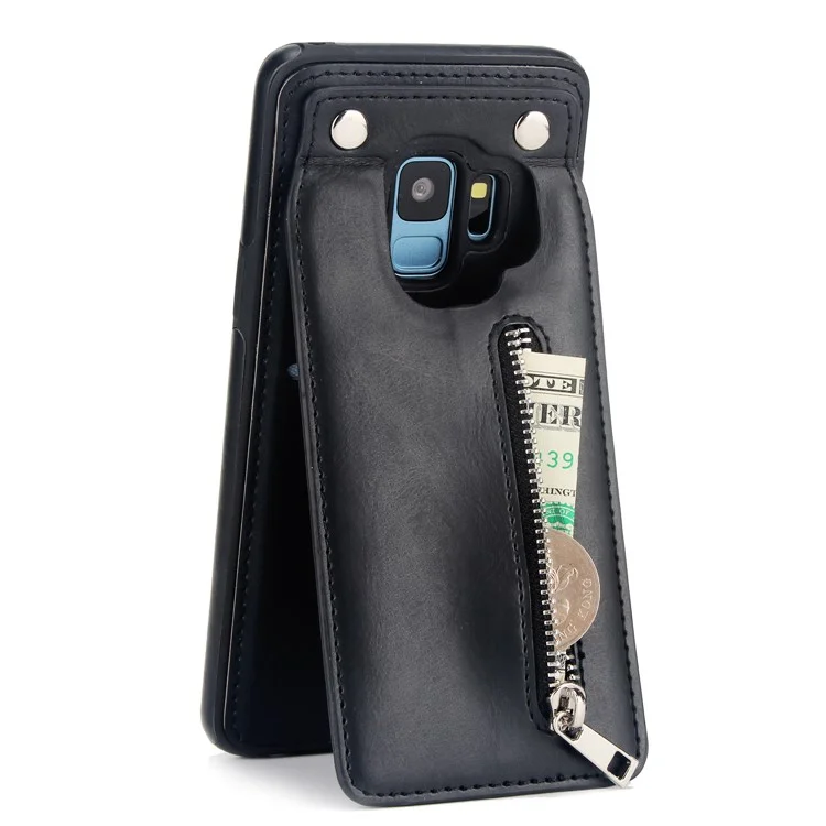 Multi-functional Zipper Wallet Kickstand Leather Coated TPU Back Case for Samsung Galaxy S9+ SM-G965 - Black