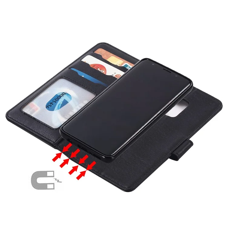 PU Leather Wallet Cover + Detachable Leather Coated TPU Back Casing for Samsung Galaxy S9 SM-G960 - Black