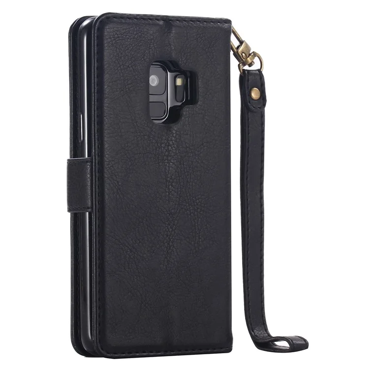 PU Leather Wallet Cover + Detachable Leather Coated TPU Back Casing for Samsung Galaxy S9 SM-G960 - Black