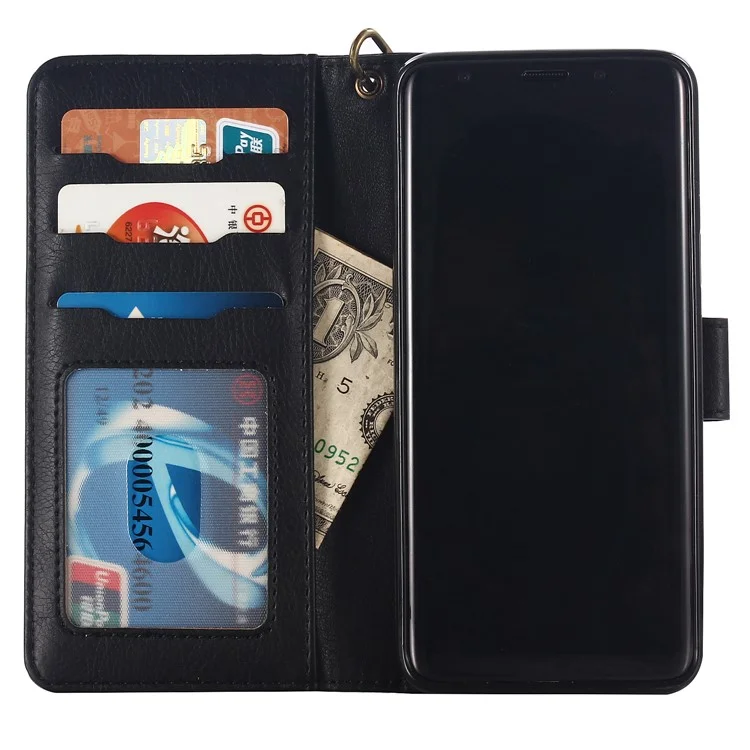 PU Leather Wallet Cover + Detachable Leather Coated TPU Back Casing for Samsung Galaxy S9 SM-G960 - Black