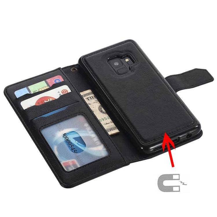 PU Leather Wallet Cover + Detachable Leather Coated TPU Back Casing for Samsung Galaxy S9 SM-G960 - Black