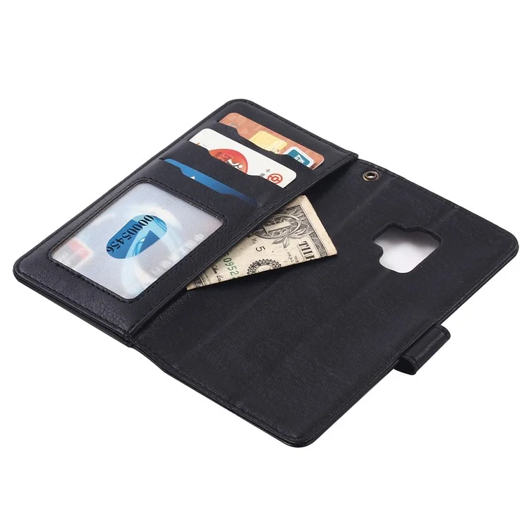 PU Leather Wallet Cover + Detachable Leather Coated TPU Back Casing for Samsung Galaxy S9 SM-G960 - Black
