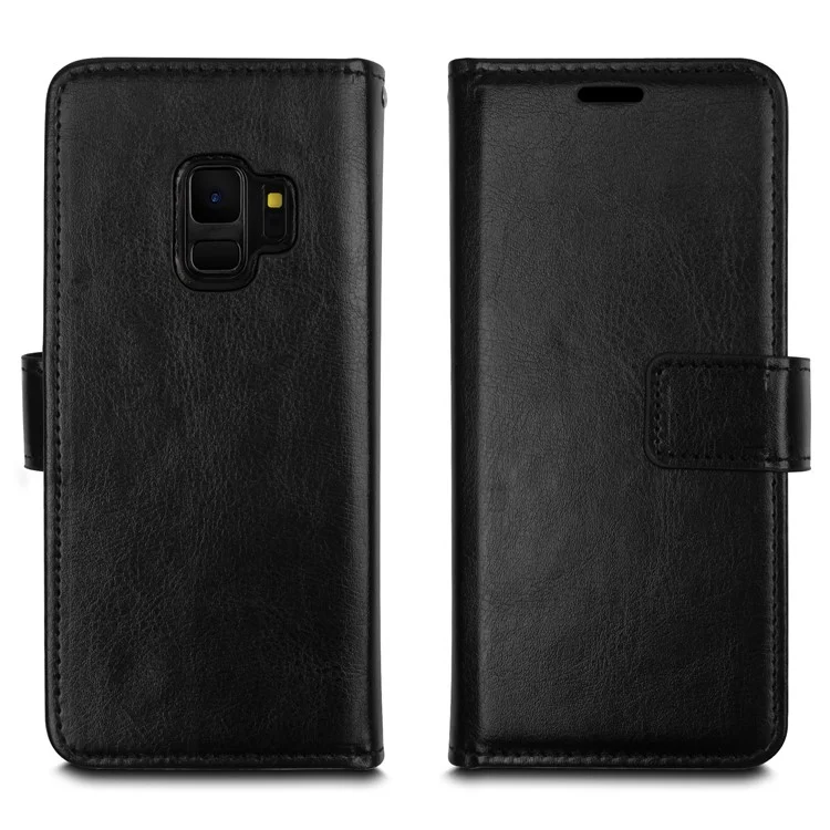 PU Leather Wallet Cover + Detachable Leather Coated TPU Back Casing for Samsung Galaxy S9 SM-G960 - Black