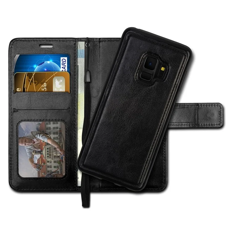 PU Leather Wallet Cover + Detachable Leather Coated TPU Back Casing for Samsung Galaxy S9 SM-G960 - Black