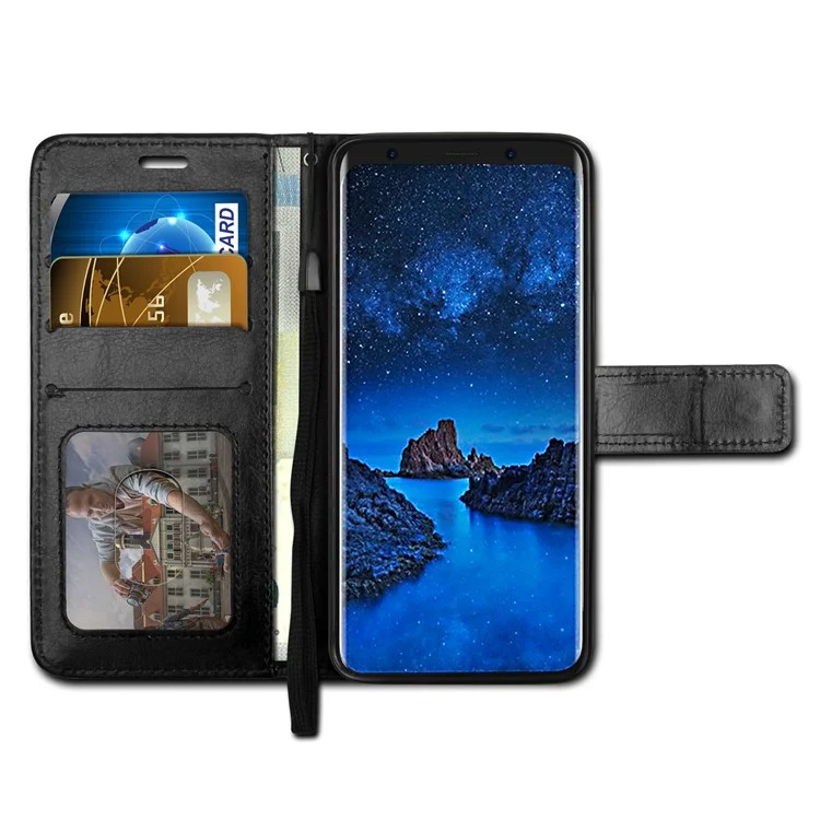 PU Leather Wallet Cover + Detachable Leather Coated TPU Back Casing for Samsung Galaxy S9 SM-G960 - Black