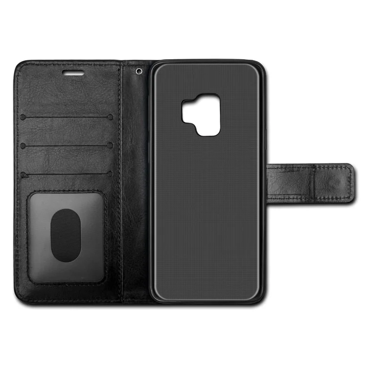 PU Leather Wallet Cover + Detachable Leather Coated TPU Back Casing for Samsung Galaxy S9 SM-G960 - Black