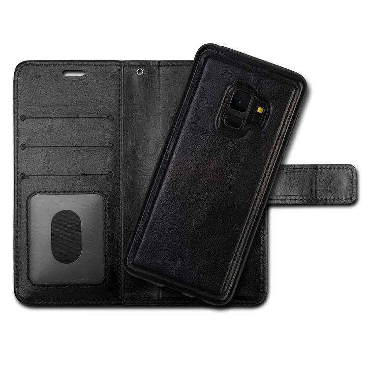 PU Leather Wallet Cover + Detachable Leather Coated TPU Back Casing for Samsung Galaxy S9 SM-G960 - Black