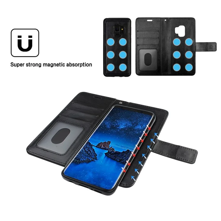 PU Leather Wallet Cover + Detachable Leather Coated TPU Back Casing for Samsung Galaxy S9 SM-G960 - Black