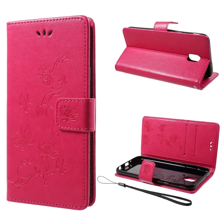 Imprint Butterfly Flower Wallet Stand Leather Phone Casing for Samsung Galaxy J7 (2018) J737 - Rose