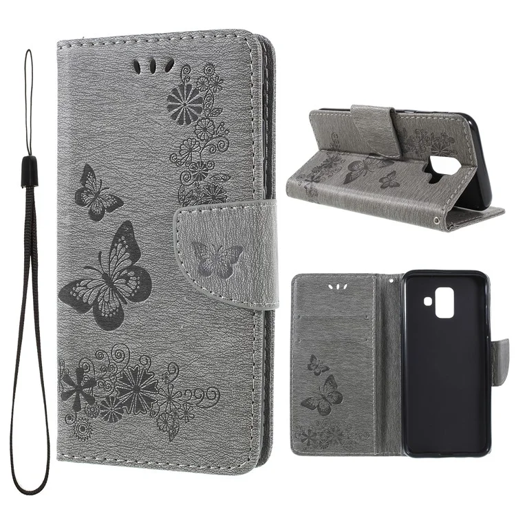 Imprint Butterfly Flower Leather Wallet Case for Samsung Galaxy A6 (2018) - Grey