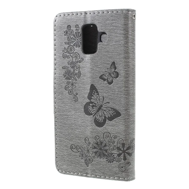Imprint Butterfly Flower Leather Wallet Case for Samsung Galaxy A6 (2018) - Grey