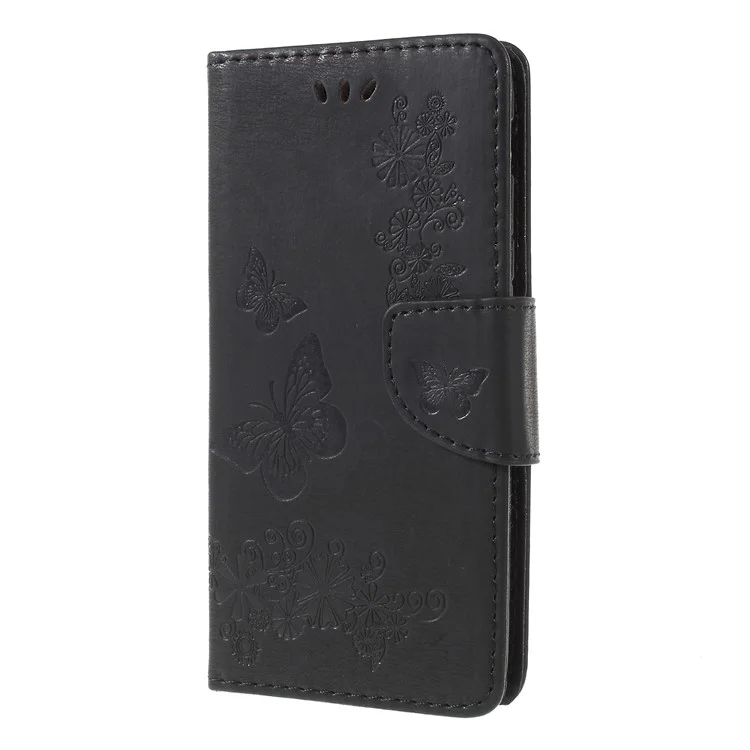 Imprint Butterfly Flower Leather Wallet Cover for Samsung Galaxy A6 (2018) - Black