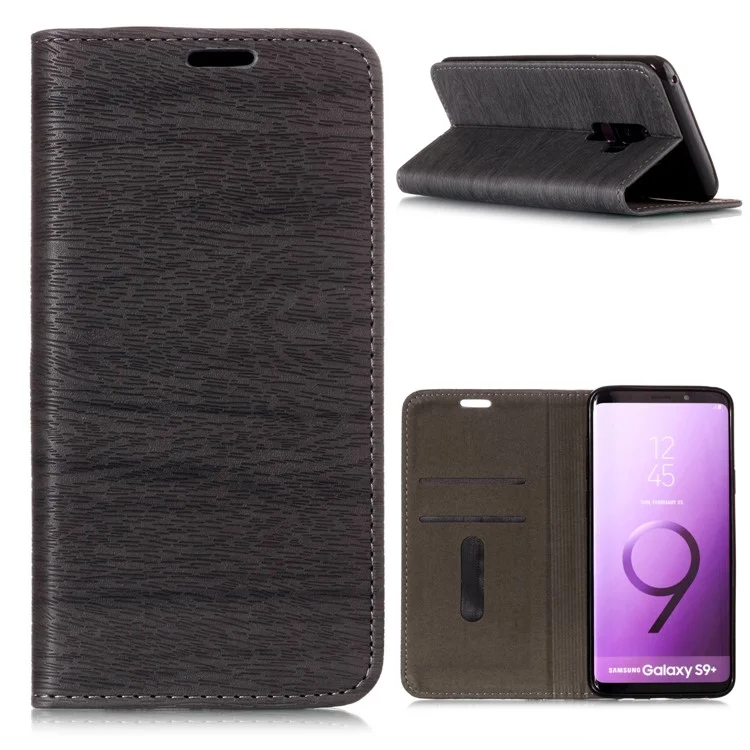 Auto-absorbed Wood Pattern PU Leather Mobile Cover with Stand for Samsung Galaxy S9 Plus G965 - Grey