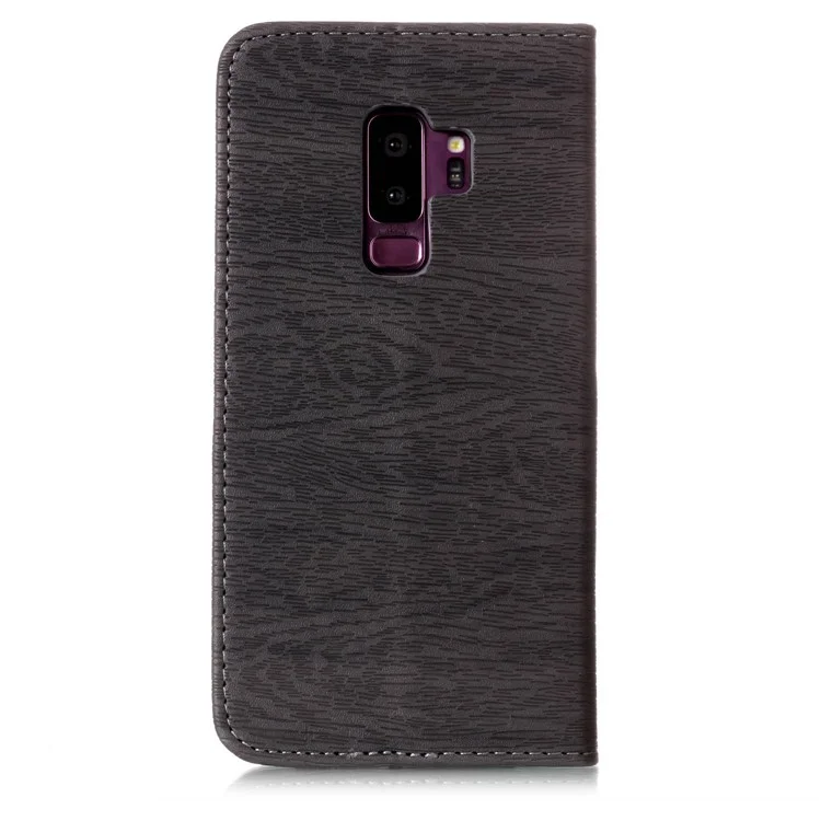 Auto-absorbed Wood Pattern PU Leather Mobile Cover with Stand for Samsung Galaxy S9 Plus G965 - Grey