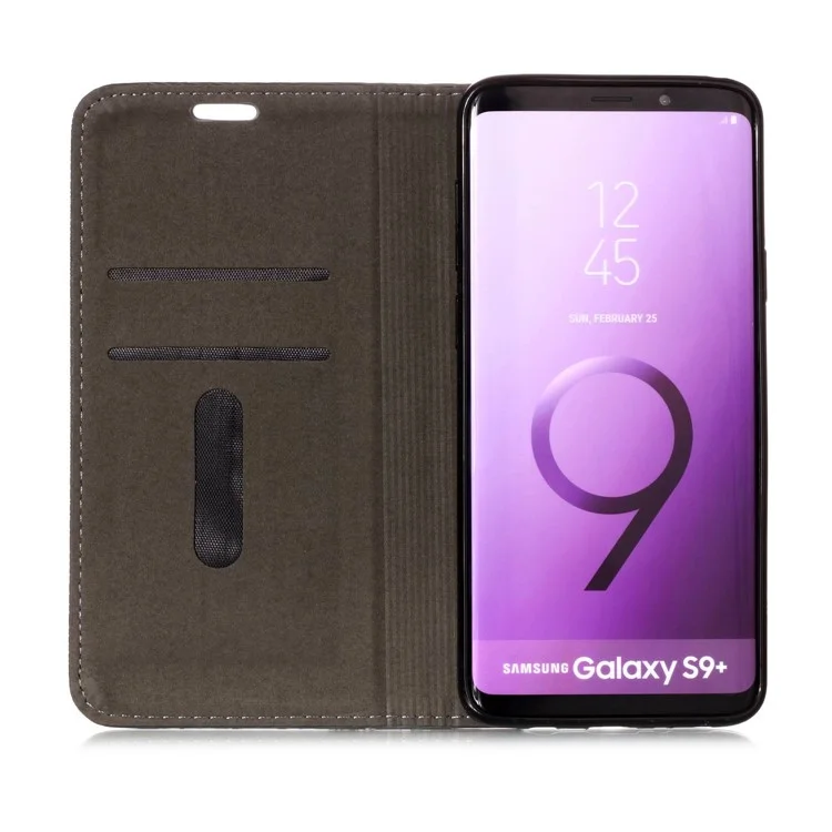 Auto-absorbed Wood Pattern PU Leather Mobile Cover with Stand for Samsung Galaxy S9 Plus G965 - Grey
