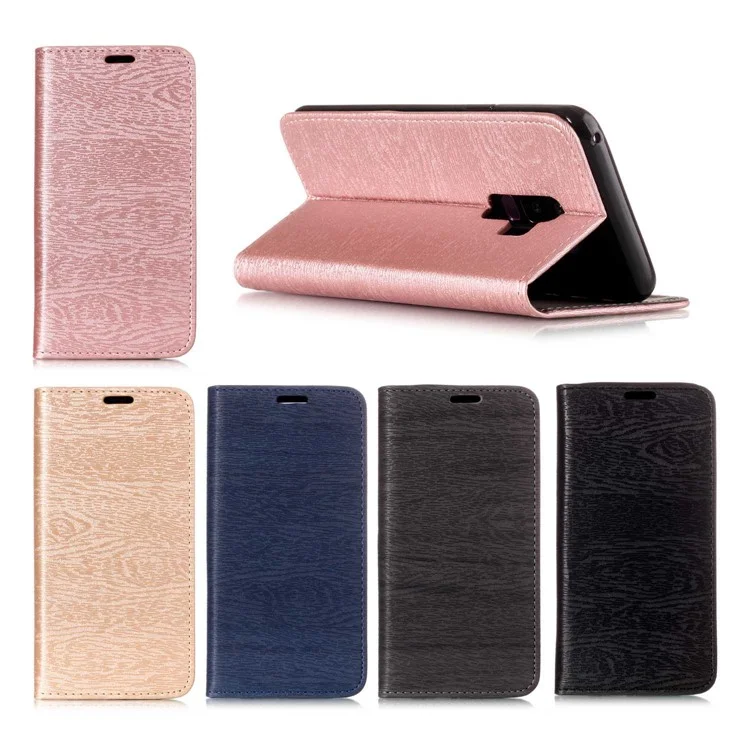 Auto-absorbed Wood Pattern PU Leather Mobile Cover with Stand for Samsung Galaxy S9 Plus G965 - Grey