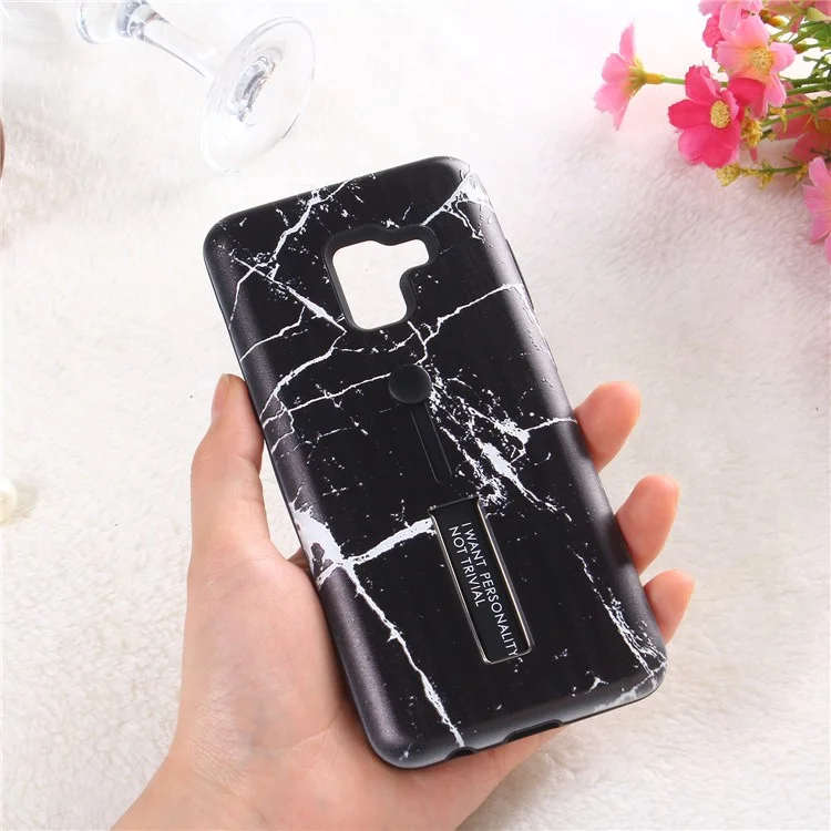 Embossment Marble Pattern TPU + PC Hybrid Phone Shell with Kickstand for Samsung Galaxy A8 (2018) - Black