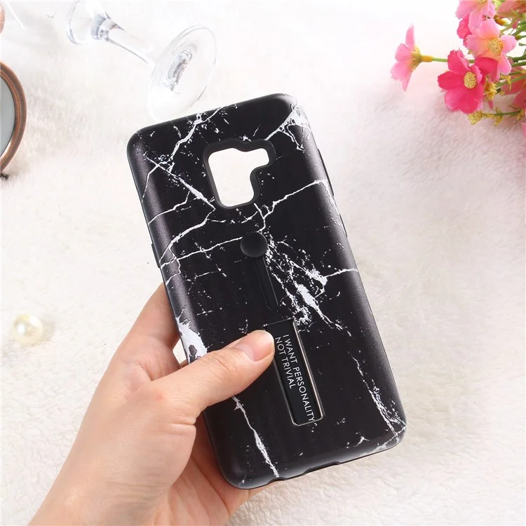 Embossment Marble Pattern TPU + PC Hybrid Phone Shell with Kickstand for Samsung Galaxy A8 (2018) - Black