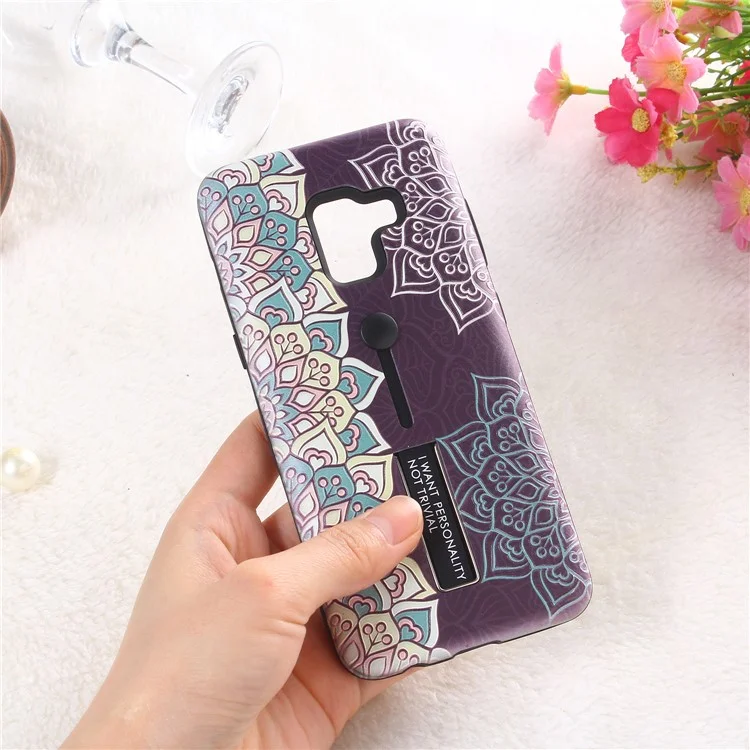 Embossment Ethnic Style Pattern TPU + PC Hybrid Phone Shell with Kickstand for Samsung Galaxy A8 (2018) - Purple