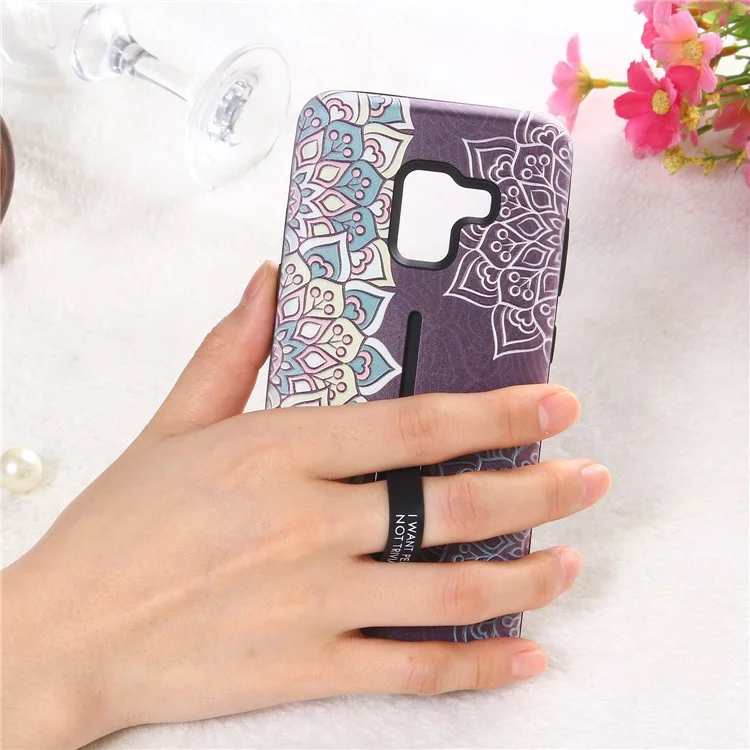 Embossment Ethnic Style Pattern TPU + PC Hybrid Phone Shell with Kickstand for Samsung Galaxy A8 (2018) - Purple