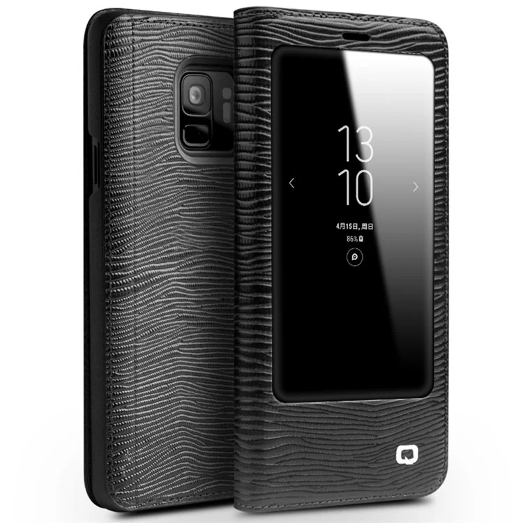 QIALINO Business Smart View Window Cowhide Genuine Leather Case for Samsung Galaxy S9 SM-G960 - Lizard Texture / Black