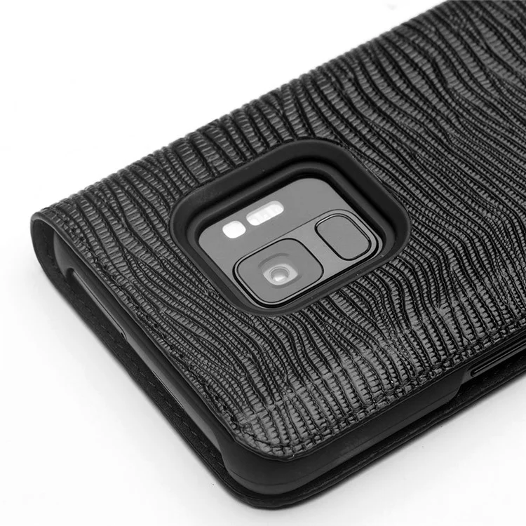 QIALINO Business Smart View Window Cowhide Genuine Leather Case for Samsung Galaxy S9 SM-G960 - Lizard Texture / Black