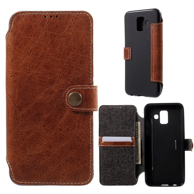 Genuine Leather Wallet Phone Cover for Samsung Galaxy A6 (2018) - Brown