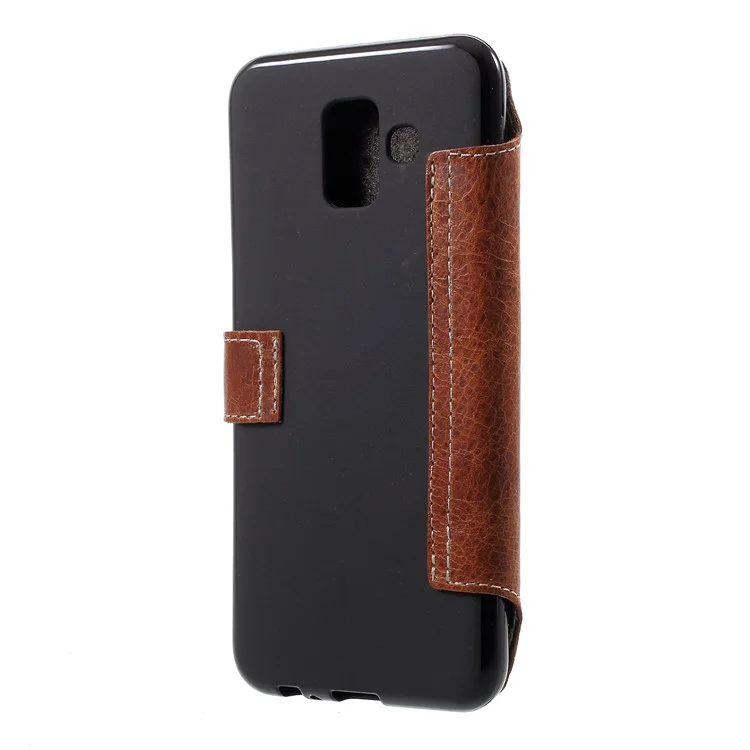 Genuine Leather Wallet Phone Cover for Samsung Galaxy A6 (2018) - Brown