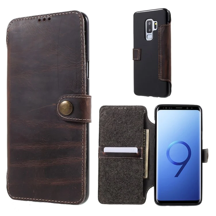 Genuine Leather Wallet Phone Cover for Samsung Galaxy S9+ G965 - Black