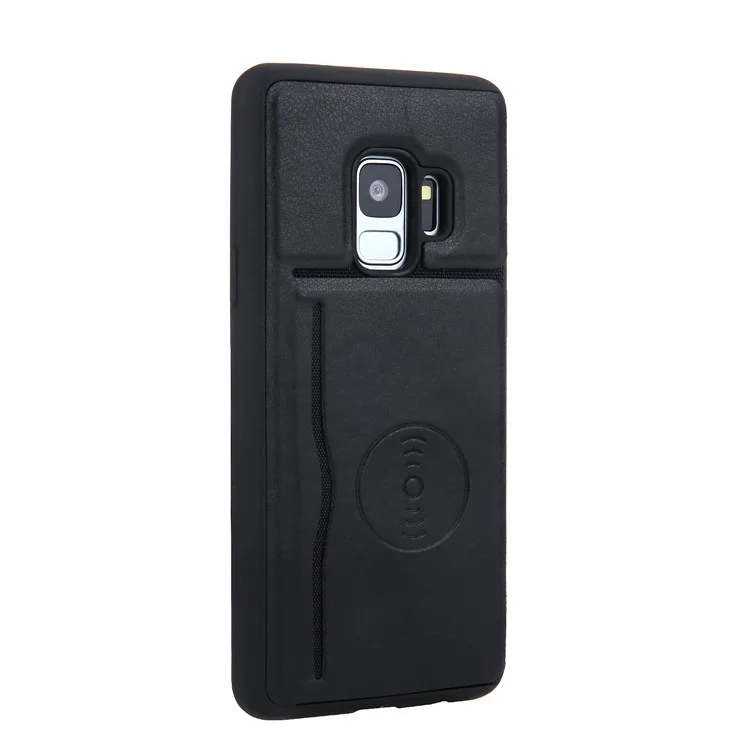 Kickstand Card Holder Leather Coated TPU Case for Samsung Galaxy S9 G960 Built-in Magnetic Sheet - Black