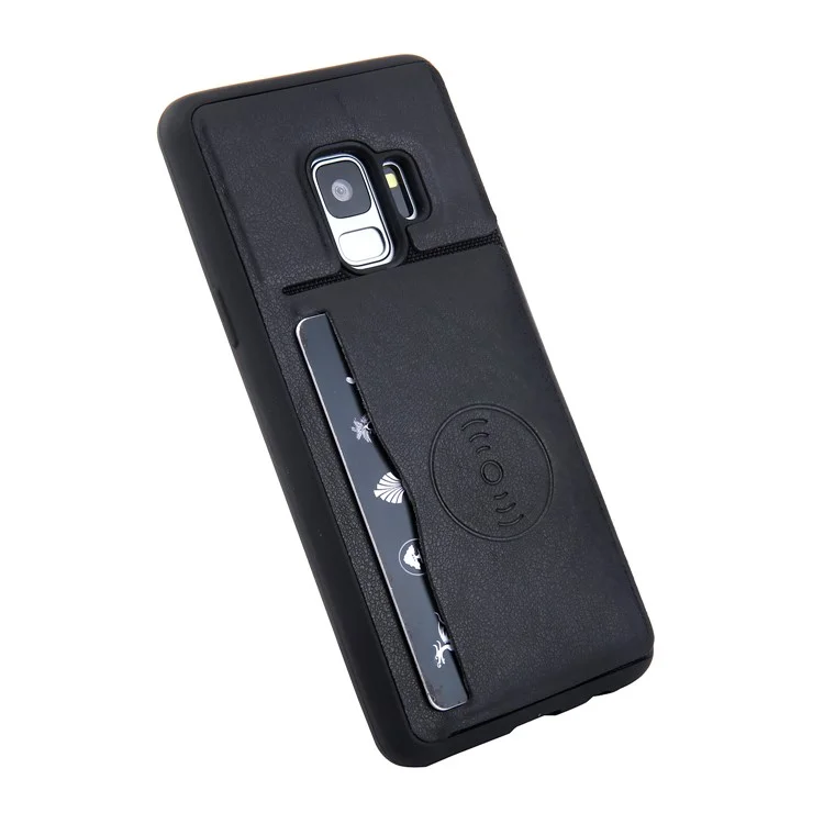 Kickstand Card Holder Leather Coated TPU Case for Samsung Galaxy S9 G960 Built-in Magnetic Sheet - Black