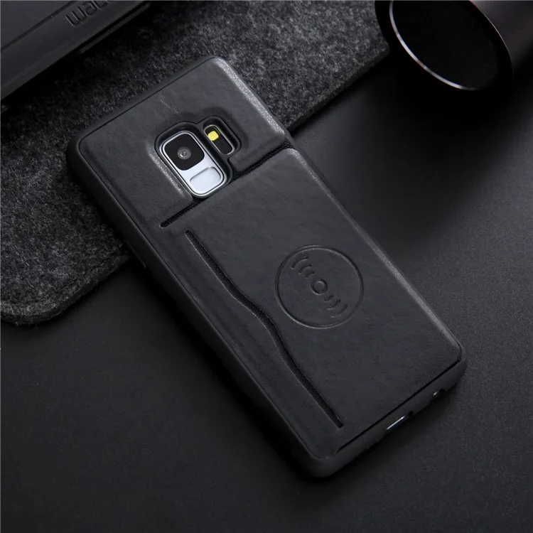 Kickstand Card Holder Leather Coated TPU Case for Samsung Galaxy S9 G960 Built-in Magnetic Sheet - Black