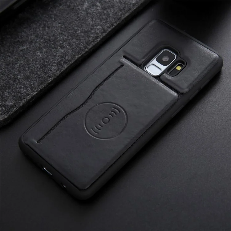 Kickstand Card Holder Leather Coated TPU Case for Samsung Galaxy S9 G960 Built-in Magnetic Sheet - Black