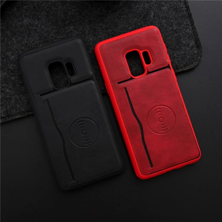 Kickstand Card Holder Leather Coated TPU Case for Samsung Galaxy S9 G960 Built-in Magnetic Sheet - Black
