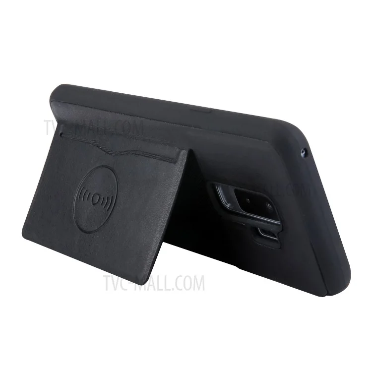 For Samsung Galaxy S9+ G965 Kickstand Card Holder Leather Coated TPU Phone Case Built-in Magnetic Sheet - Black
