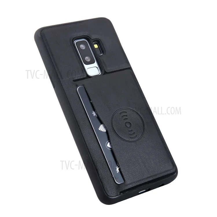 For Samsung Galaxy S9+ G965 Kickstand Card Holder Leather Coated TPU Phone Case Built-in Magnetic Sheet - Black