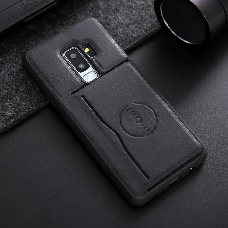 For Samsung Galaxy S9+ G965 Kickstand Card Holder Leather Coated TPU Phone Case Built-in Magnetic Sheet - Black