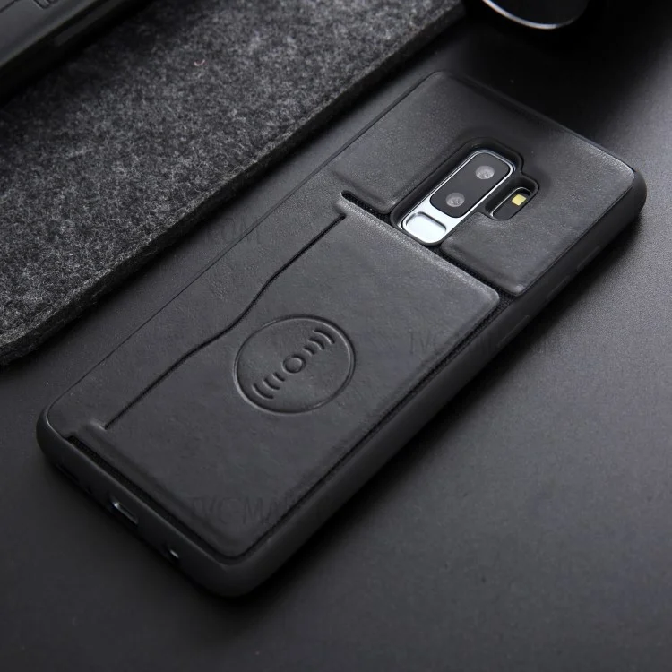 For Samsung Galaxy S9+ G965 Kickstand Card Holder Leather Coated TPU Phone Case Built-in Magnetic Sheet - Black